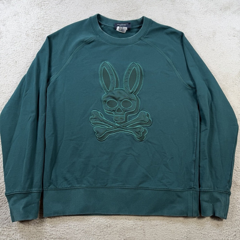 Psycho Bunny Sweatshirt Mens Small Green Crewneck Skull Pullover French Terry